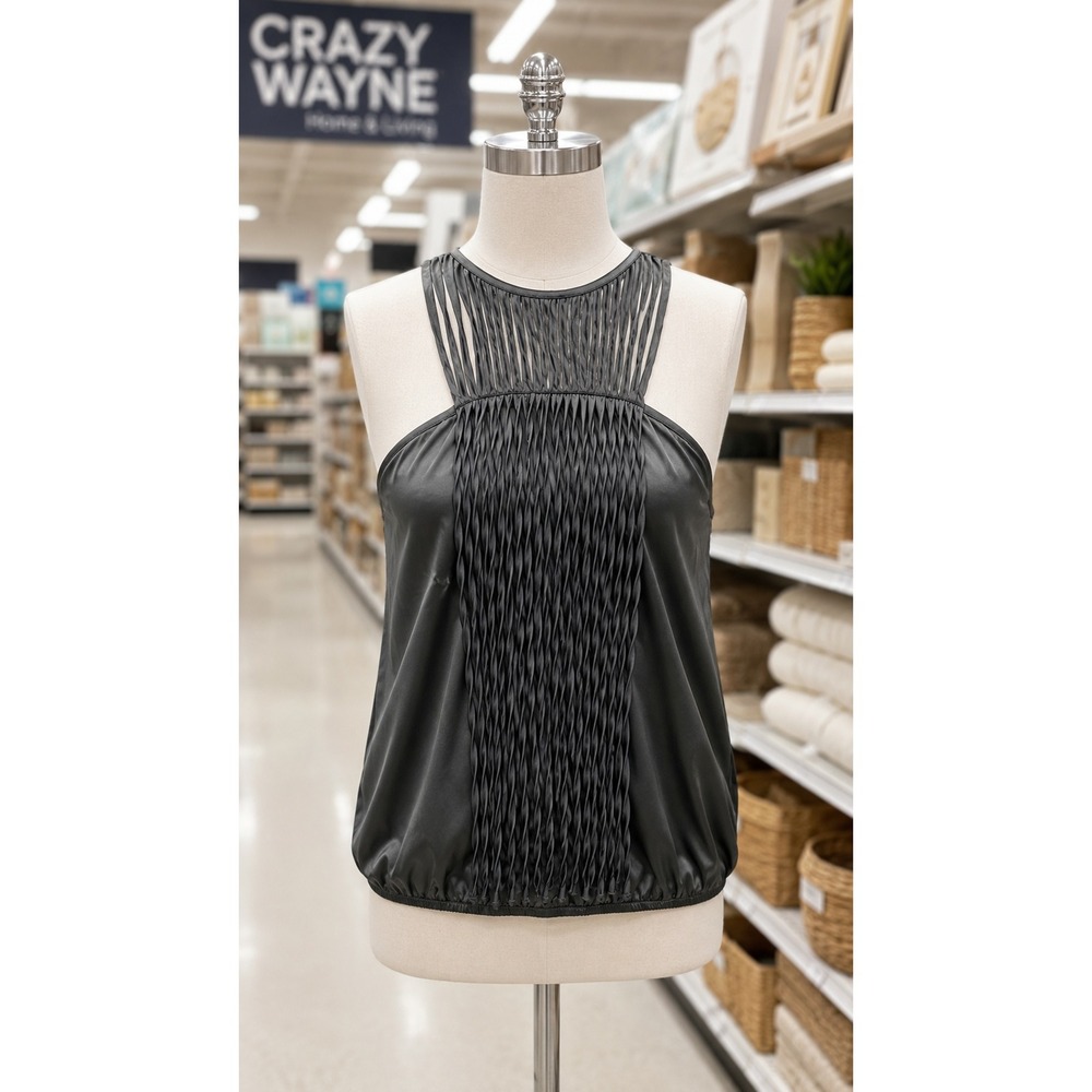 Grifflin Paris Womens L Black Satin Look Macrame Fringe Halter Bubble Hem Top
